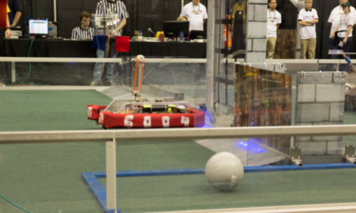 Team 6004's competition robot Fawkes on the Stronghold Field at the State Championship